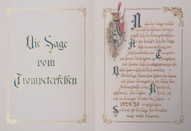 Doppelseite mit der Sage vom Trompeterfelsen mit der Bastarda geschrieben und farbiger Ornamentik ausgeschmückt