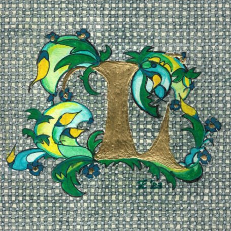 Vergoldetes Initial L mit Rankenwerk und filigraner Ornamentik im Hintergrund