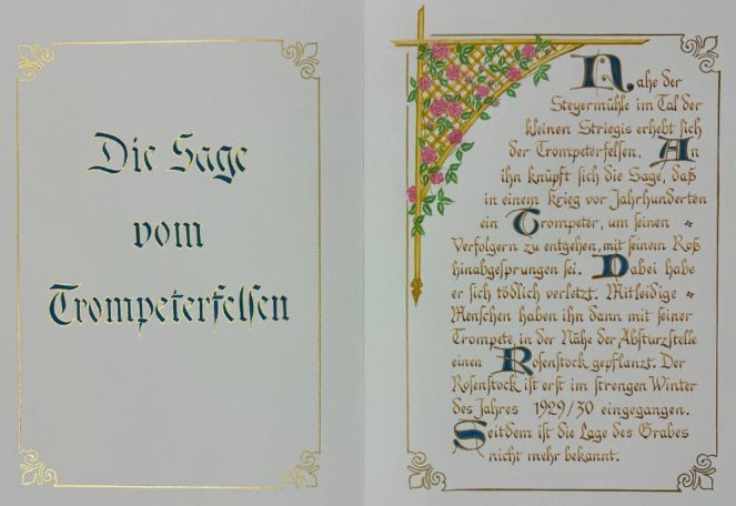 Doppelseite mit der Sage vom Trompeterfelsen in einer historischen Schrift geschrieben und mit farbiger Ornamentik ausgeschmückt